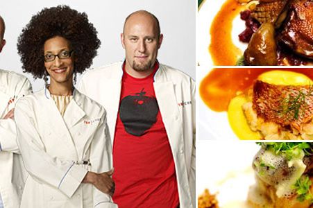 Top Chef finalists Stefan, Carla and Hosea at left; some of their dishes at right